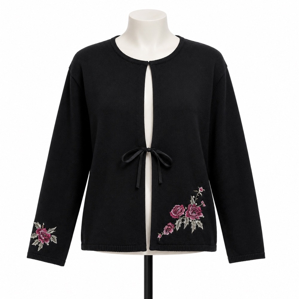 Spanner Vintage Embroidered Cardigan Black Floral Tie Front Womens XL Sweater